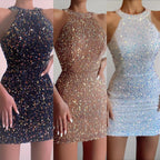 Damen Glitzerndes Minikleid mit halber Halsausschnitt und figurbetontem Schnitt EB