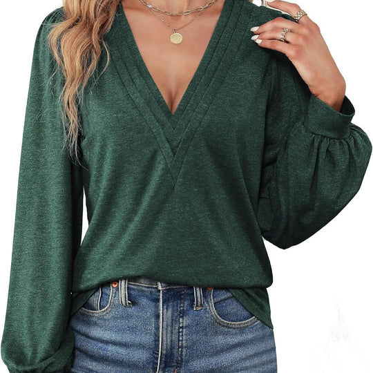 Damen Elegantes Blusenshirt mit V-Ausschnitt und puffförmigen Ärmeln R&B