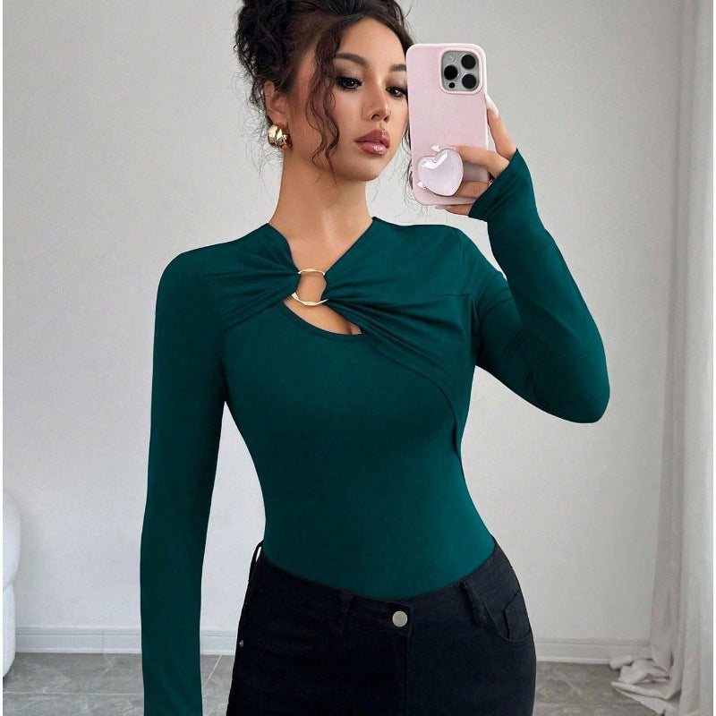 Damen Bodysuit mit dekorativem Ring-Detail und langem Arm R&B