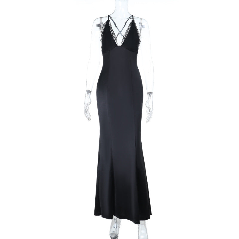 Damen elegantes langes Kleid mit verführerischem Spitzendetail und tiefem Ausschnitt R&B