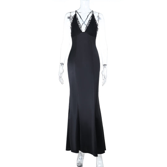 Damen elegantes langes Kleid mit verführerischem Spitzendetail und tiefem Ausschnitt R&B