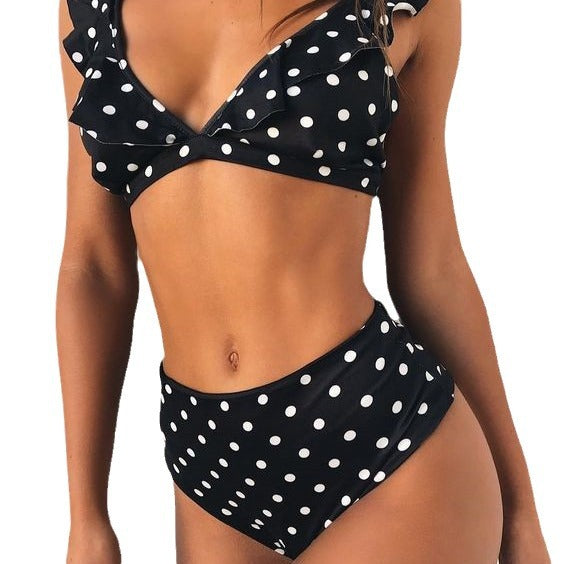 Damen Hoch tailliertes Bikini-Set mit verspielten Rüschen und Pünktchen R&B