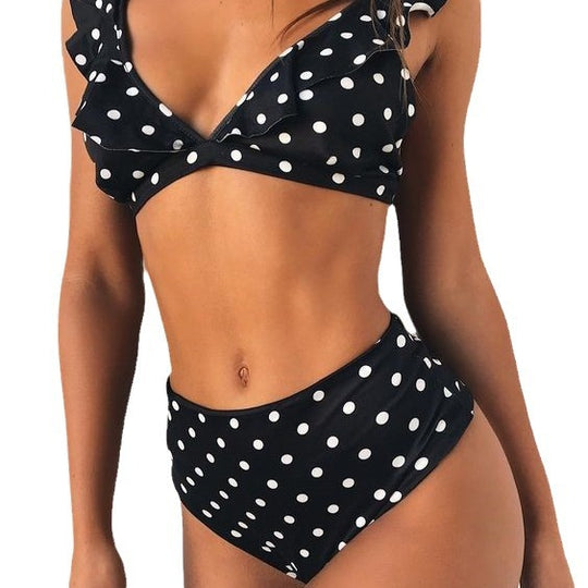 Damen Hoch tailliertes Bikini-Set mit verspielten Rüschen und Pünktchen R&B