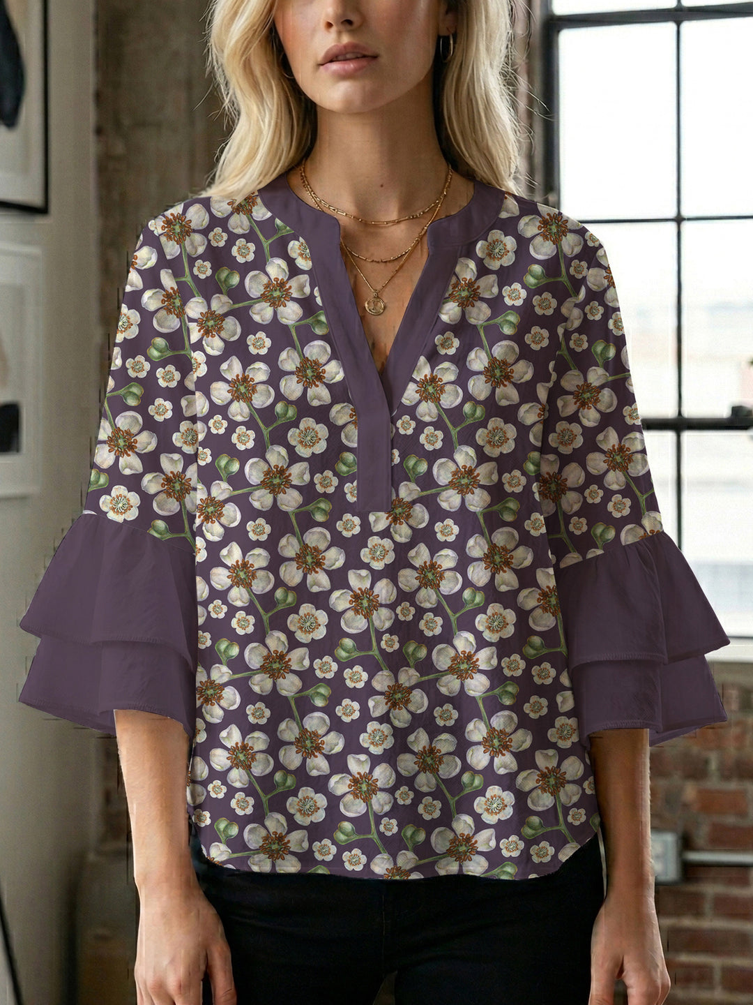 Damen Bluse mit voluminösen Ärmeln und floralem Design R&B