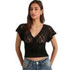 Damen Elegantes Spitzenoberteil mit V-Ausschnitt und weitem Schnitt R&B