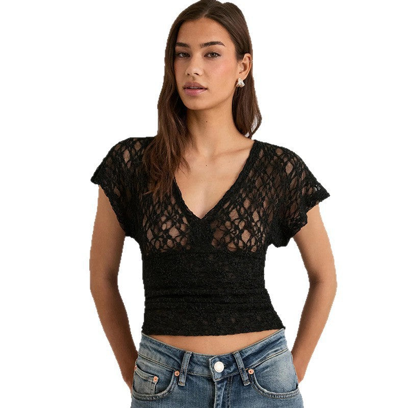 Damen Elegantes Spitzenoberteil mit V-Ausschnitt und weitem Schnitt R&B