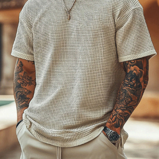 Herren lässiges Waffelstrick-T-Shirt mit Rundhalsausschnitt R&B