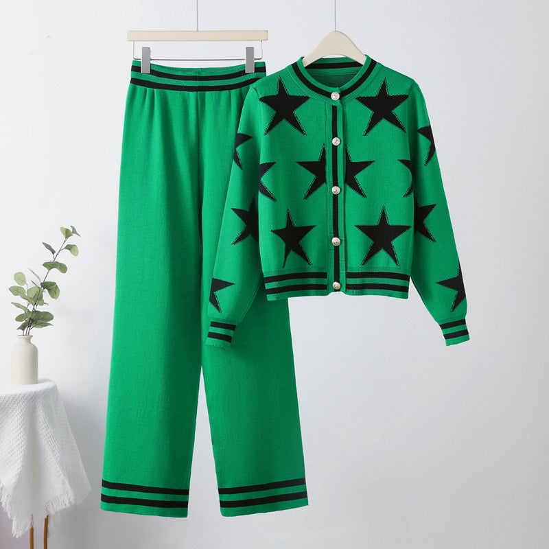 Damen modisches Strick-Loungewear-Set mit Sternenmuster und kontrastierenden Details R&B
