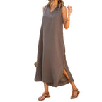 Damen elegantes Maxikleid mit schmalem Stehkragen und seitlichen Schlitzen R&B