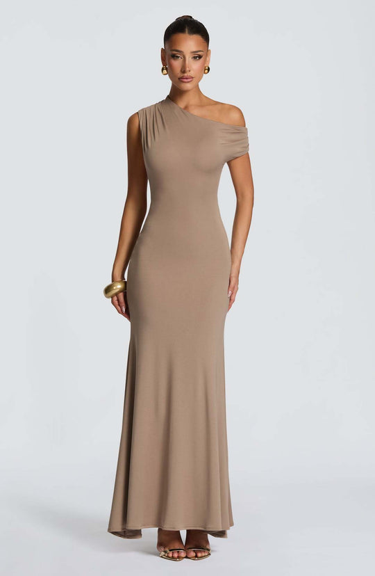 Damen Elegantes asymmetrisches Maxikleid mit schulterfreiem Design R&B