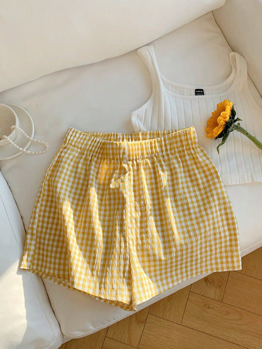 Damen luftige Karoshorts mit elastischem Bund und seitlichen Taschen R&B