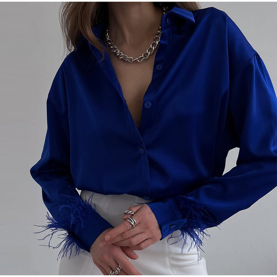 Damen Bluse mit bunten Federn und elegantem Schnitt R&B