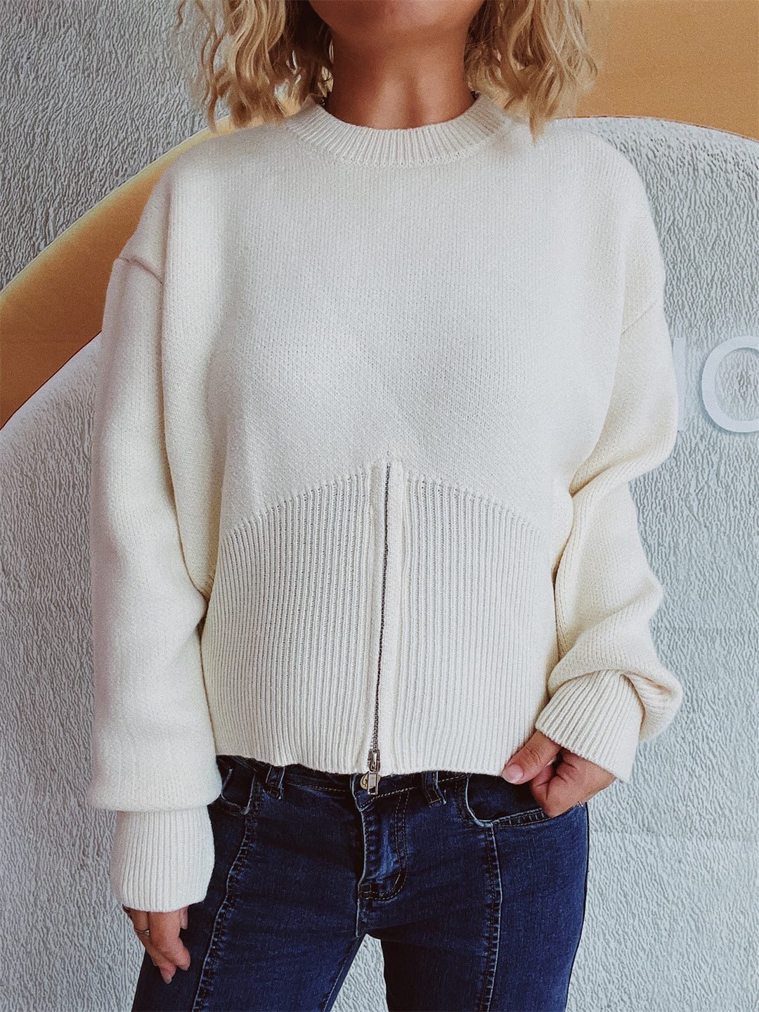 Damen gestreifter Pullover mit trendbewusstem Reißverschluss R&B