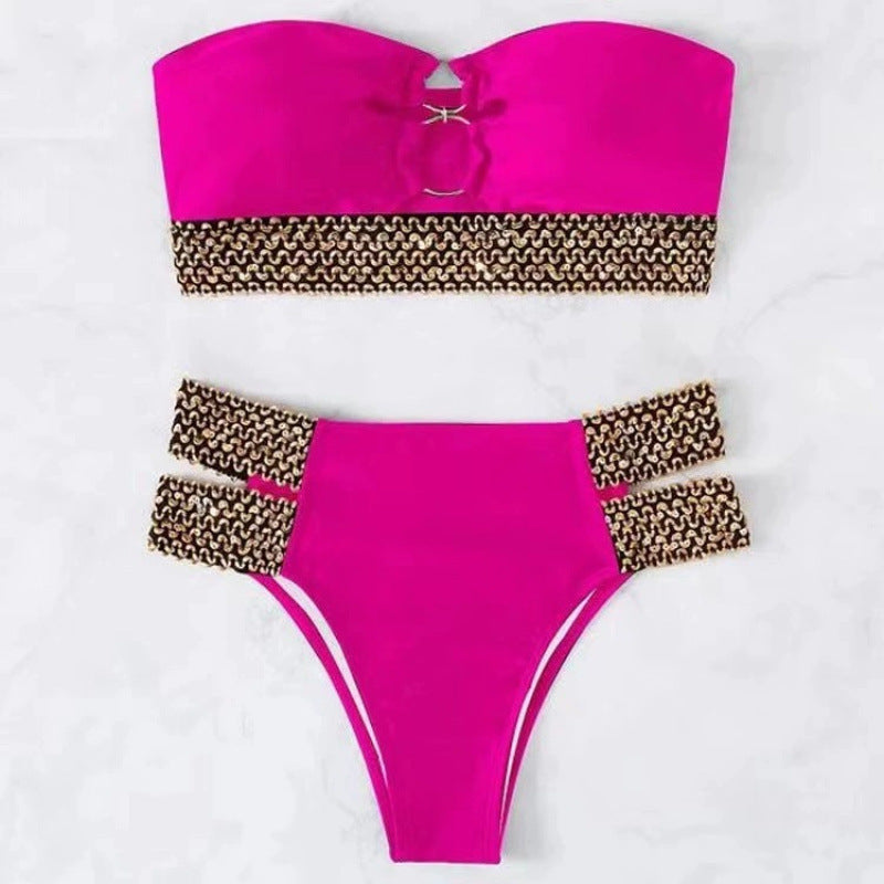Damen Bandeau-Bikini mit goldenen Akzenten und hohem Taillenschnitt R&B
