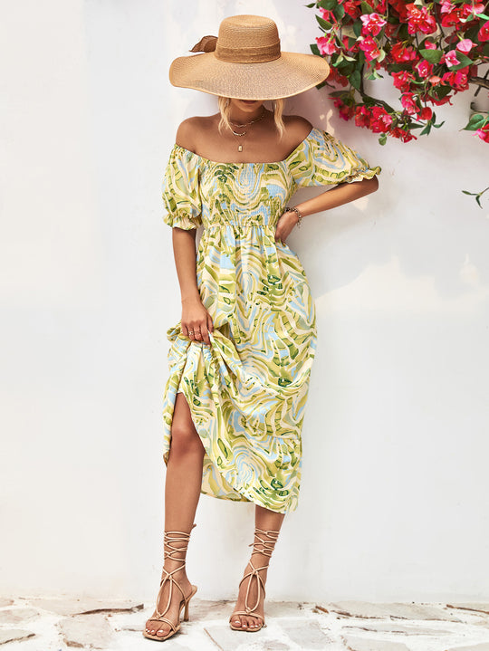 Damen Off-Shoulder Maxikleid mit floralen Akzenten und elastischer Taillierung R&B