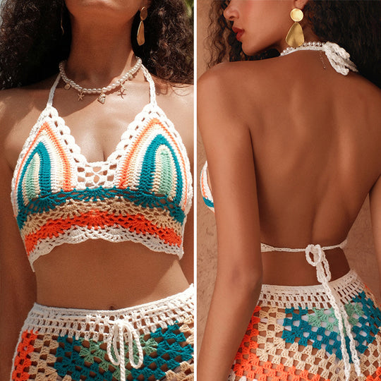 Damen gehäkeltes Bikinioberteil mit buntem Muster und verstellbaren Trägern R&B