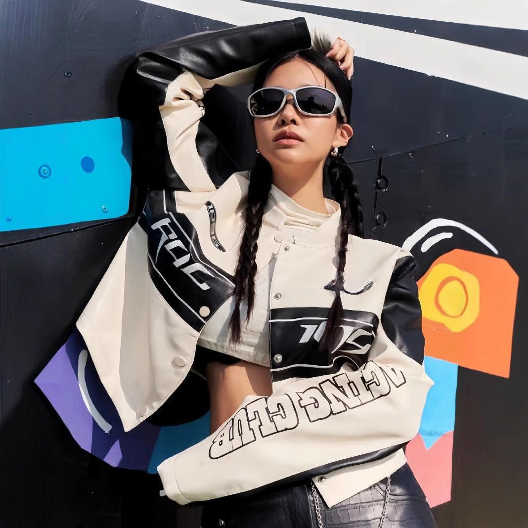 Damen cropped Bikerjacke mit einzigartigen Grafikdetails R&B