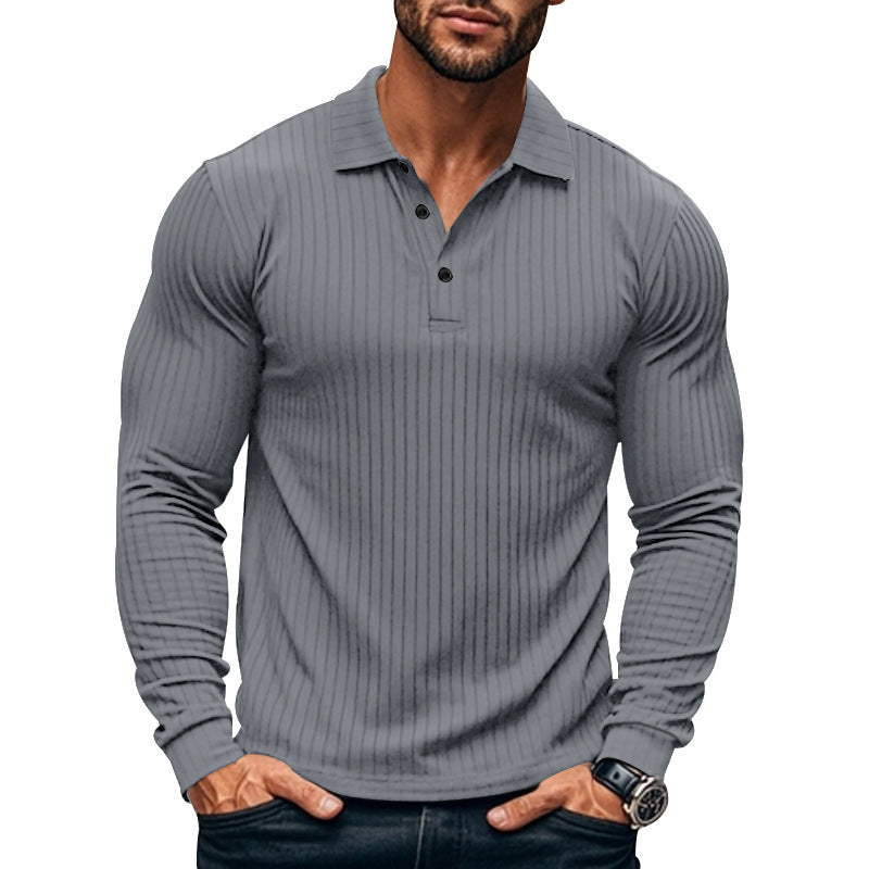 Herren nan eng anliegendes geripptes Langarm-Poloshirt mit Kentkragen und kurzer Knopfleiste R&B