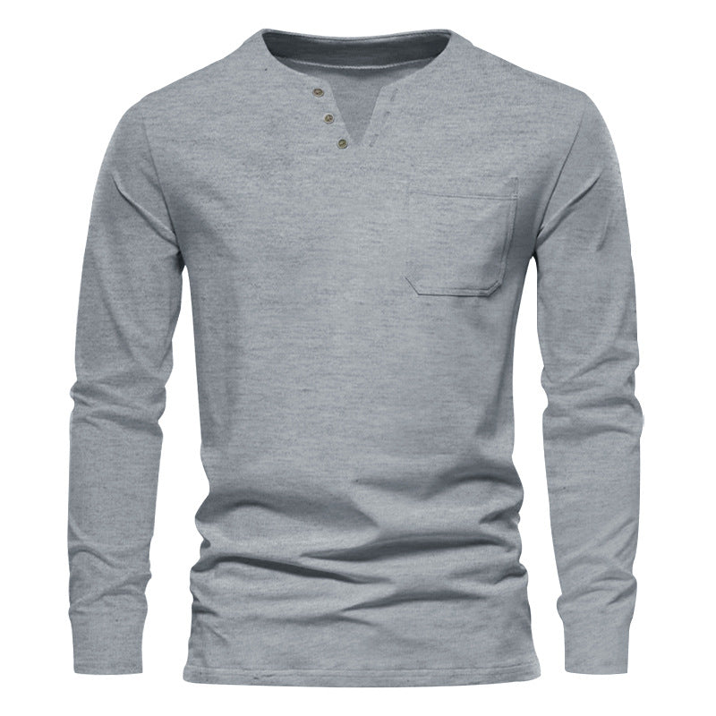 Herren Langarm-Henley-Shirt mit praktischer Brusttasche und modischem Knopfdesign R&B
