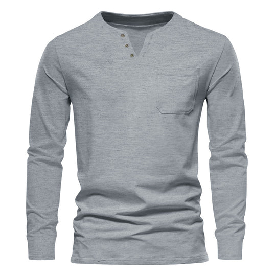 Herren Langarm-Henley-Shirt mit praktischer Brusttasche und modischem Knopfdesign R&B