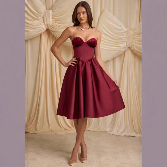 Damen trägerloses Cocktailkleid mit voluminösem Rock und elegantem Oberteil R&B