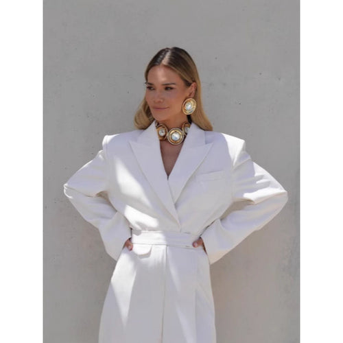 Damen elegante Oversized Blazerjacke mit Taillengürtel R&B
