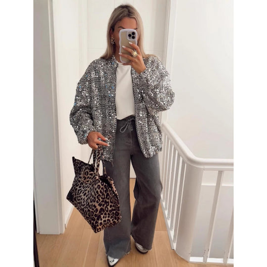 Damen Funkelnde Paillettenjacke mit lässigem Schnitt R&B
