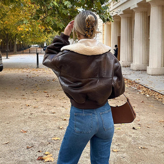 Damen cropped Kunstlederjacke mit Innenfutter aus Plüsch R&B