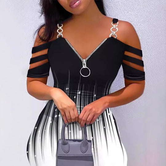 Damen Kleid mit Off-Shoulder-Design und Reißverschluss-Detail R&B