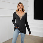 Damen Strickpullover mit V-Ausschnitt und romantischer Spitze R&B