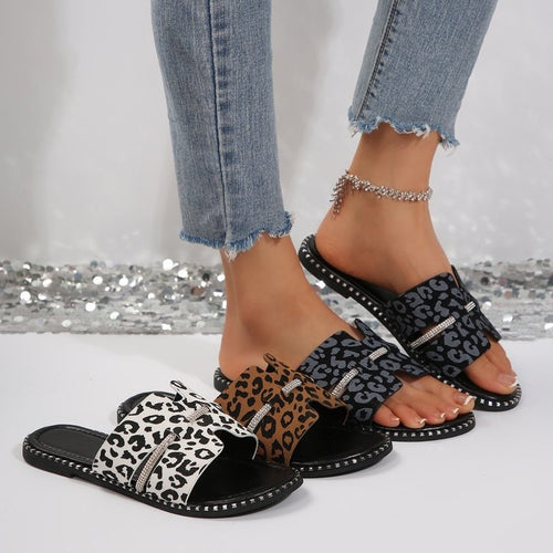 Damen bequeme Slides mit modischem Leopardenmuster und funkelnden Akzenten R&B