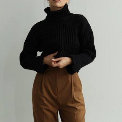 Damen Crop-Pullover mit hohem Kragen und asymmetrischem Schnitt R&B
