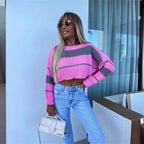 Damen cropped Strickpullover mit modischen Blockstreifen R&B