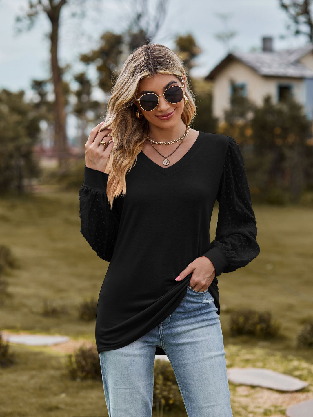 Damen elegantes V-Ausschnitt Oberteil mit Puffärmeln R&B