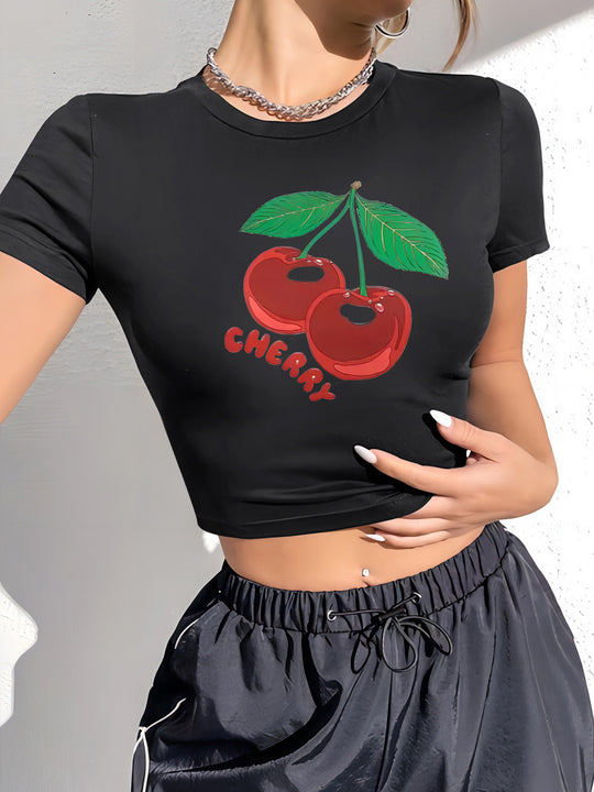 Damen Crop-T-Shirt mit fröhlichem Kirschmotiv R&B