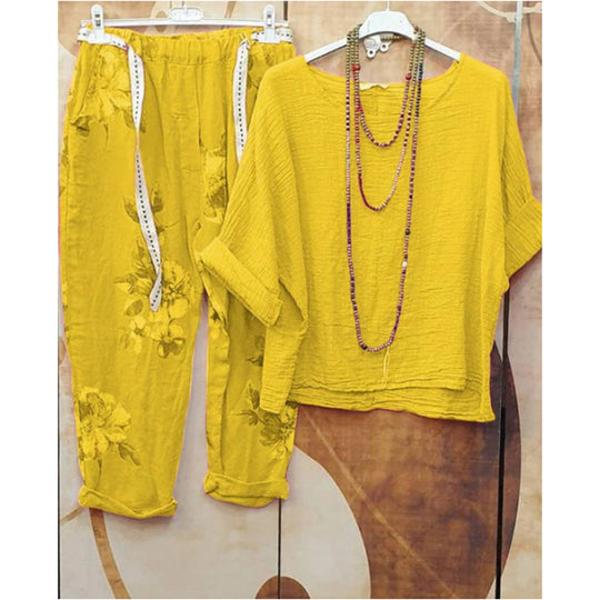 Damen nan leichtes Crinkle-Zweiteiler-Set mit lockerem U-Boot-Top und floral bedruckter Joggerhose R&B