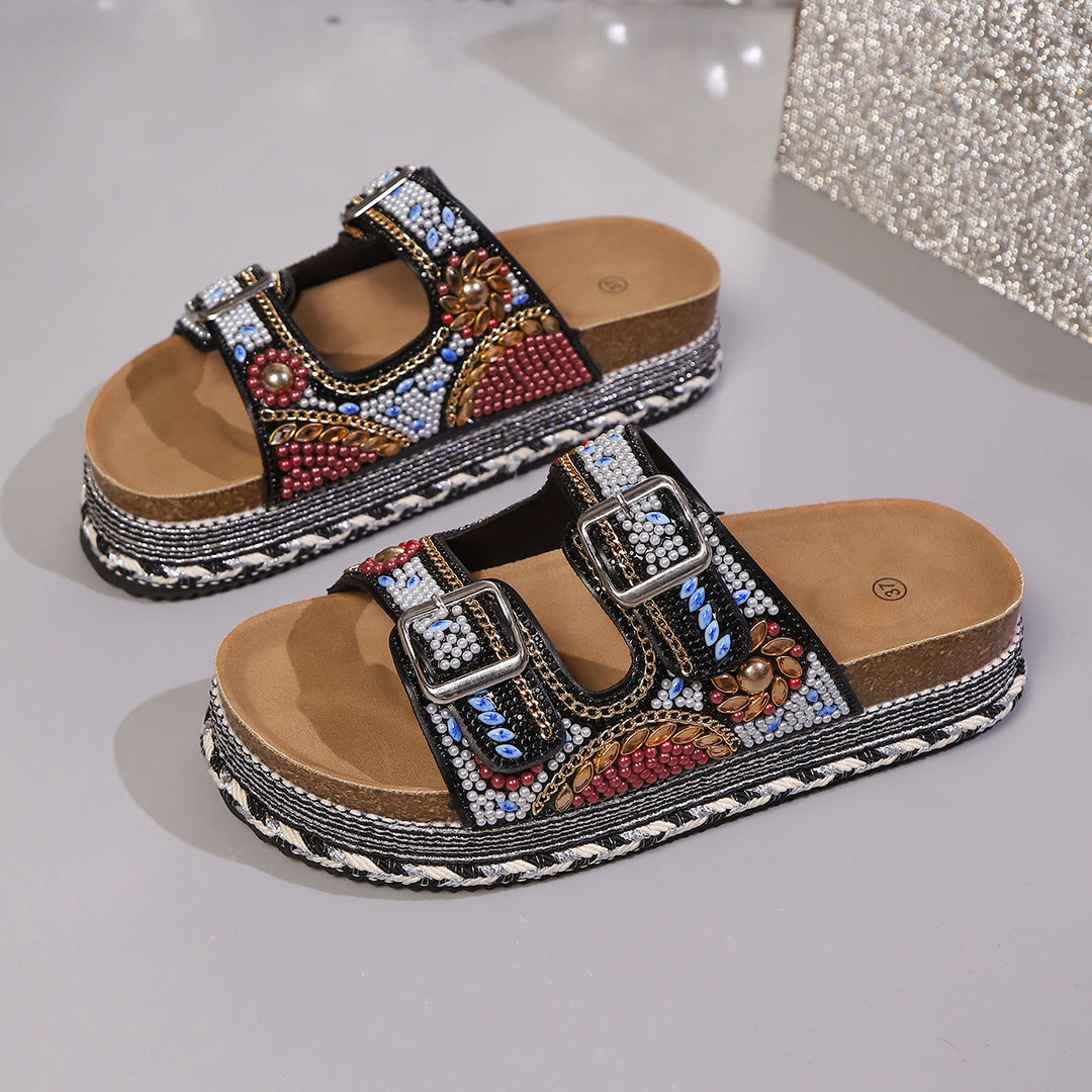 Damen Bequeme und modische Platform-Sandalen mit verstellbaren Riemen und bunten Applikationen R&B