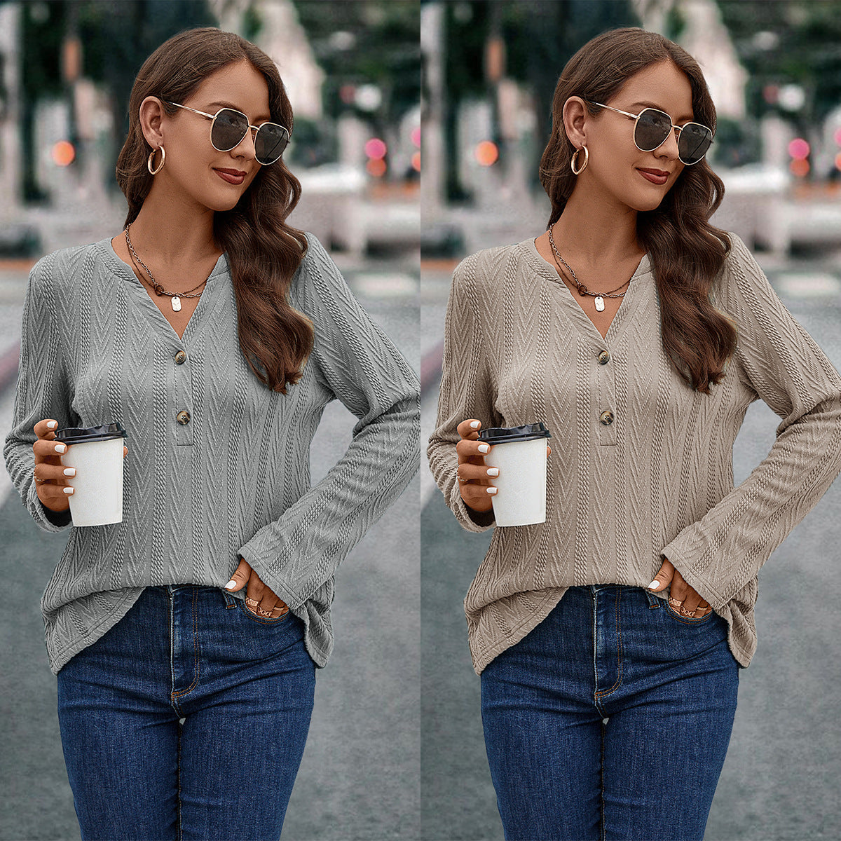 Damen Langarmbluse mit strukturiertem Muster und Knopfdetail R&B