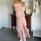 Damen Maxi-Kleid mit voluminösen Rüschendetails und figurformendem Schnitt R&B
