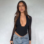 Damen Hochgeschlossenes Crop-Top mit transparenten Ärmeln R&B