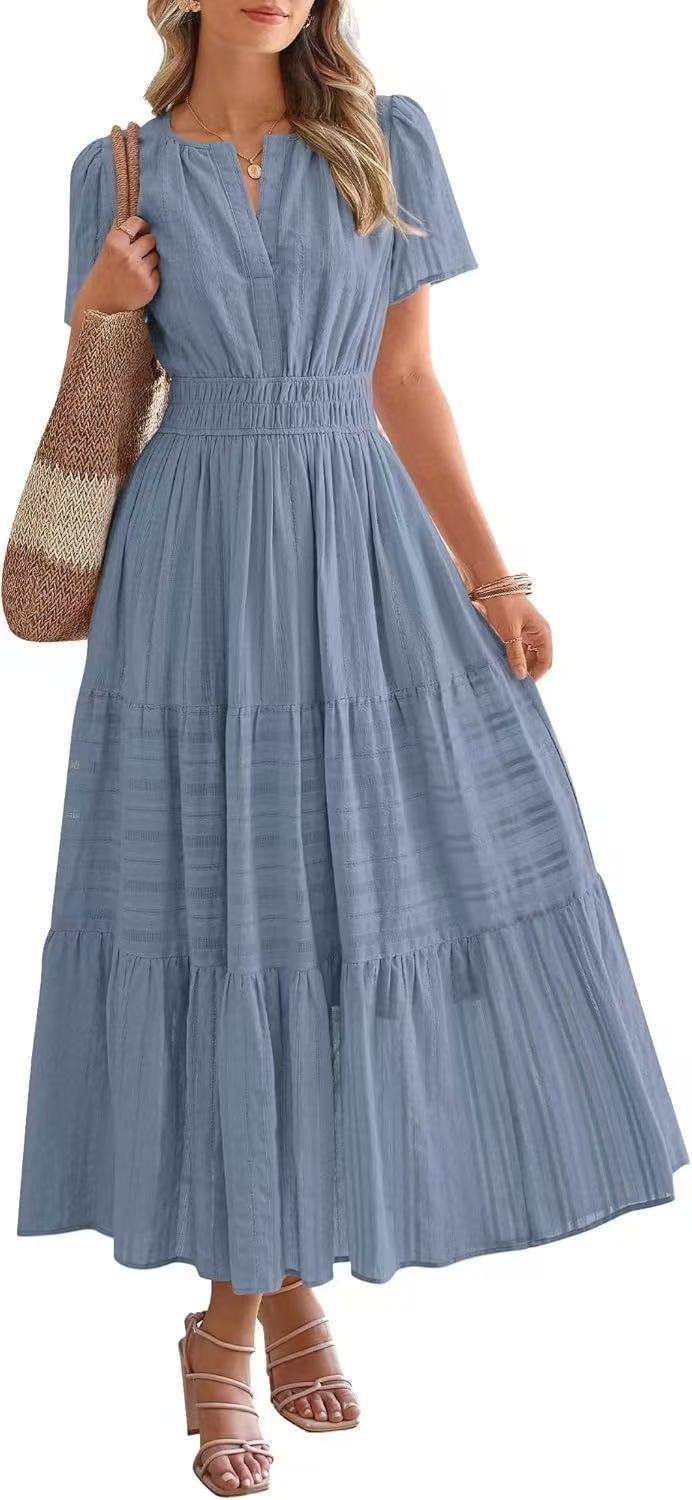 Damen Maxikleid mit modischem V-Ausschnitt und luftigen Rüschen R&B