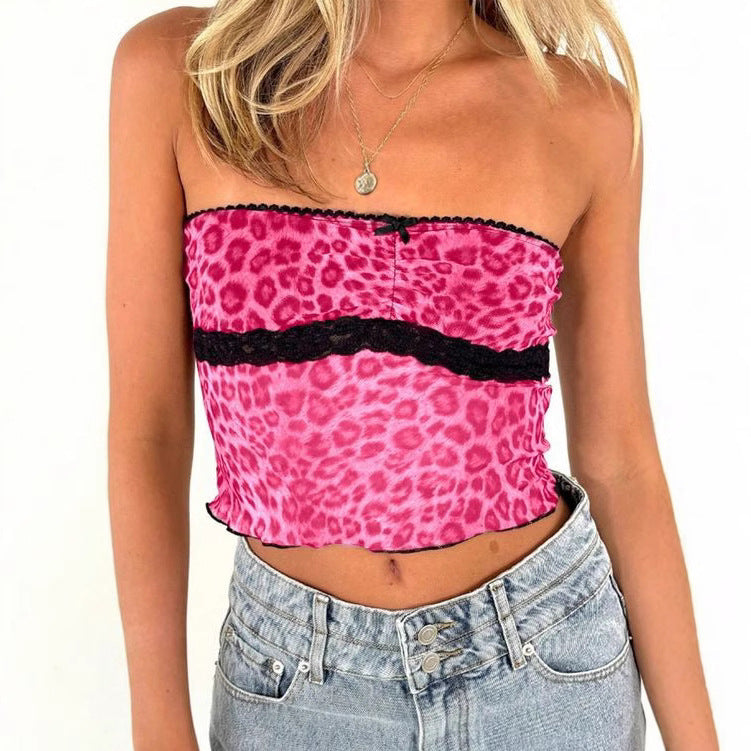 Damen Bandeau-Top mit trendigem Leopardenmuster und zarter Spitzenkante R&B