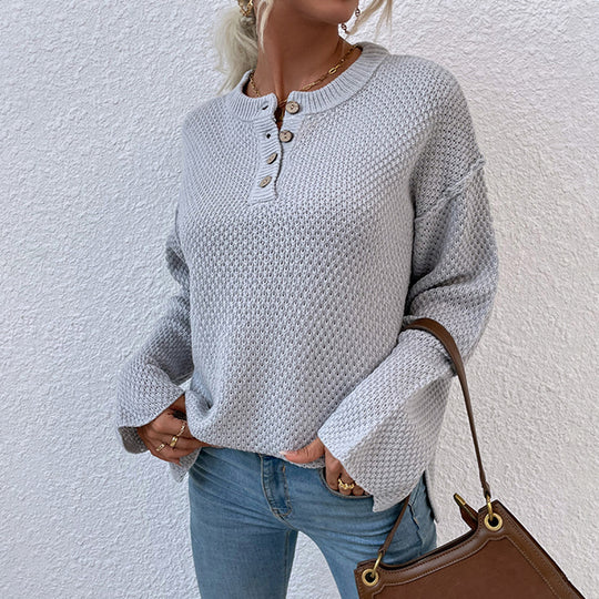 Damen gemütlicher Strickpullover mit Knopfleiste und breiten Ärmeln R&B