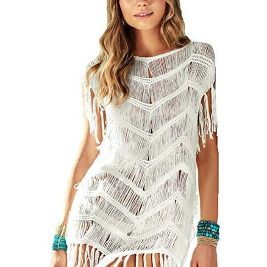 Damen luftiger Häkel-Strandponcho mit Fransen und elegantem Design R&B