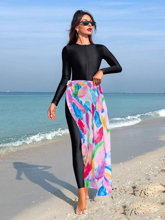 Damen modischer Schwimmanzug mit langem Arm und elegantem Wickelrock R&B