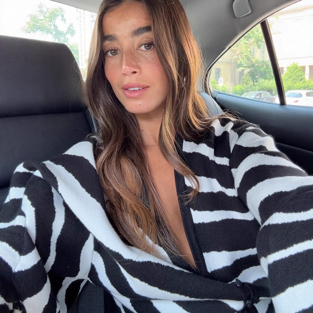 Damen modischer Wickelrock mit Zebra-Print und voluminösen Ärmeln R&B