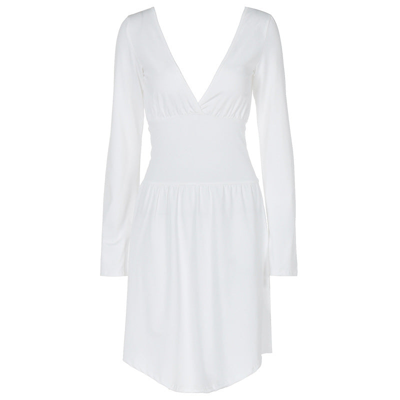 Damen elegantes Kleid mit tiefem V-Ausschnitt und langen Ärmeln R&B