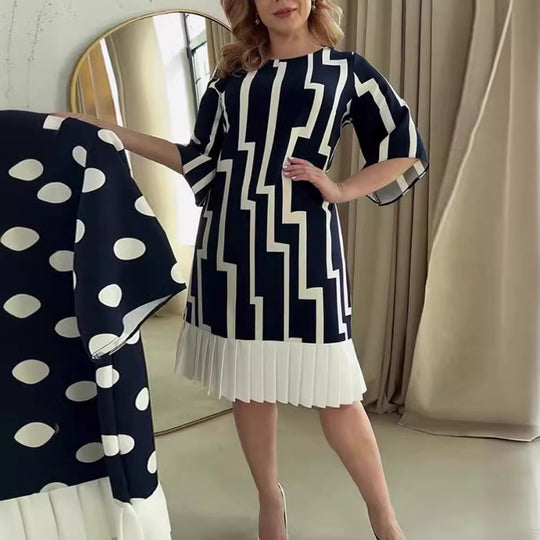 Damen nan grafisches A-Linienkleid mit plissiertem Saum und dreiviertelärmeln R&B