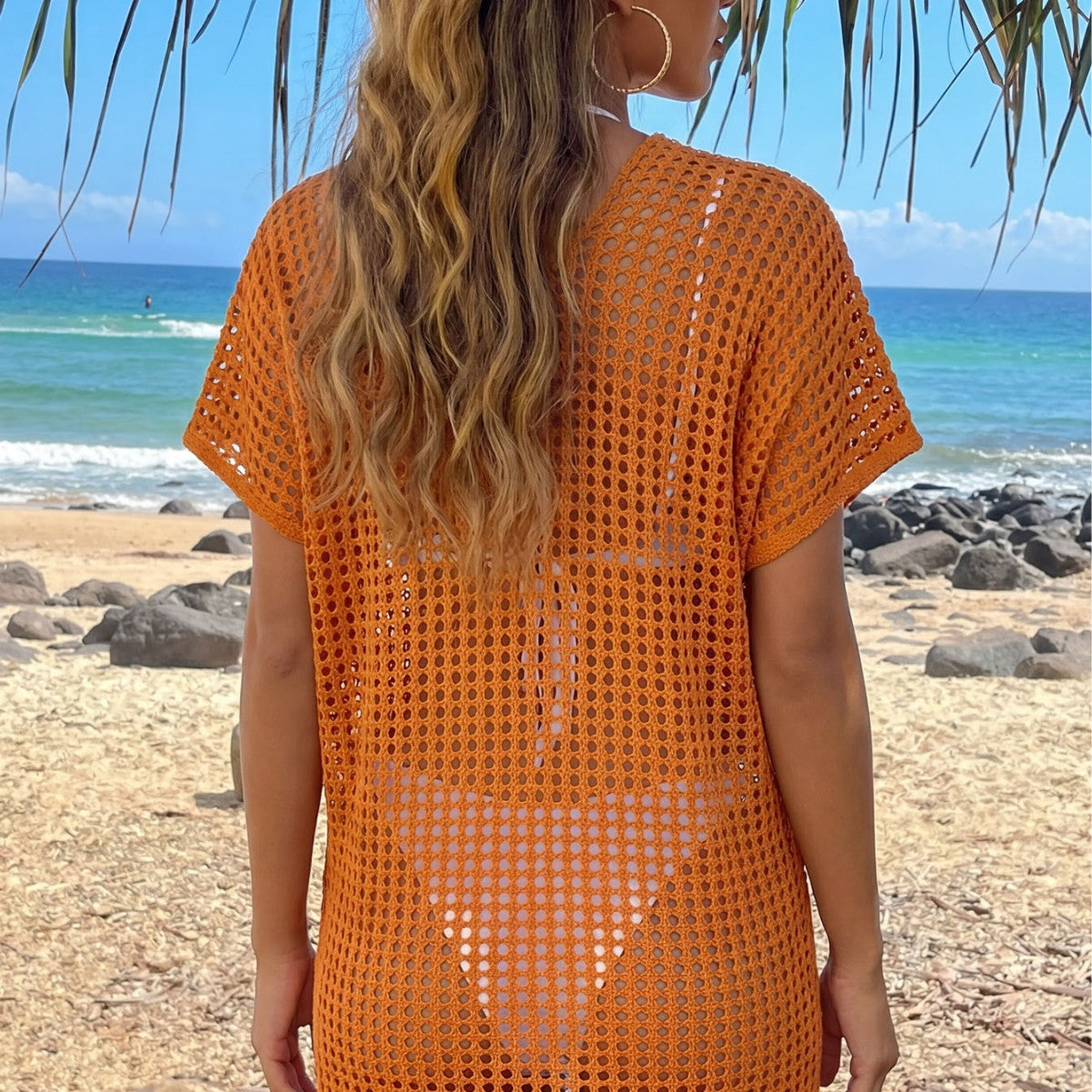 Damen luftiger Strandüberwurf mit buntem Pompon-Rand R&B