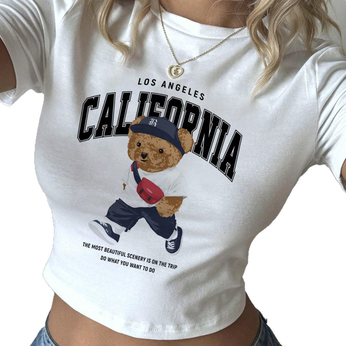 Damen Crop-T-Shirt mit verspieltem Bärenmotiv und modischem Schriftzug R&B